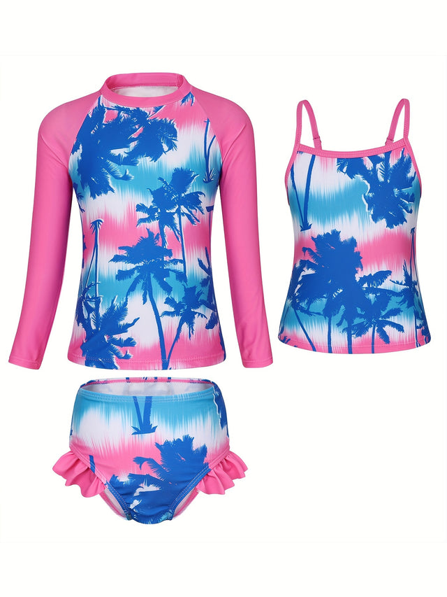 Girls Print Long Sleeve Swimwear 3-piece Set