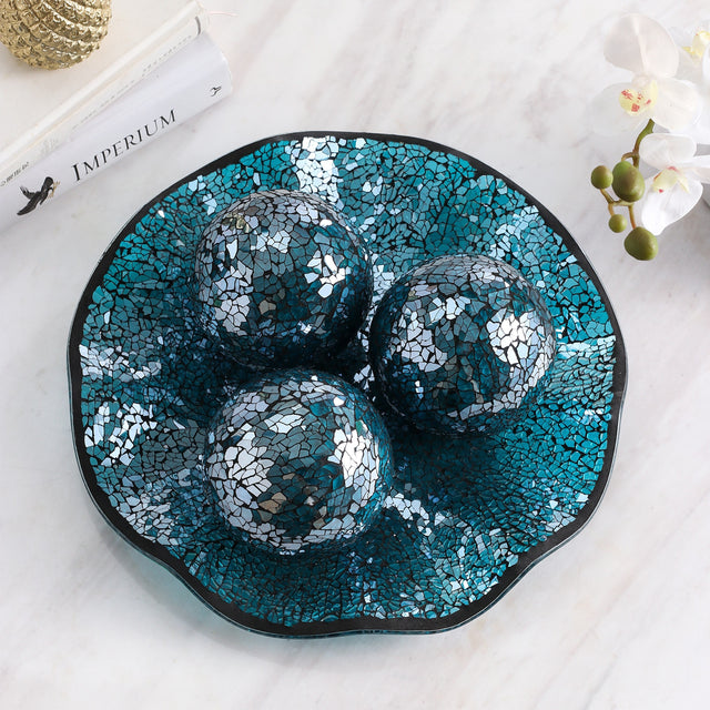 4pcs/Set, 11.5" Glass Mosaic Decorative Tray Dish Plate Centerpiece Bowl With 3PCS 3.75" Mosaic Decorative Balls