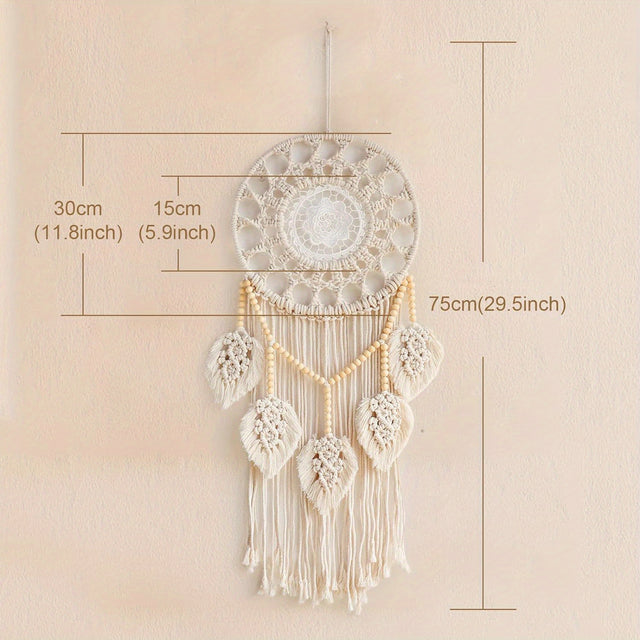 1pc Large Boho Dream Catcher with 5 Woven Leaves, Wood Beads, and Tassels