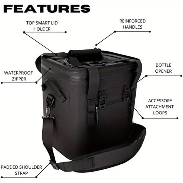 24 Can Soft Sided Cooler Bag - Insulated, Leak Proof, Waterproof - Keeps Ice Cold for 24+ Hours - Matte Black