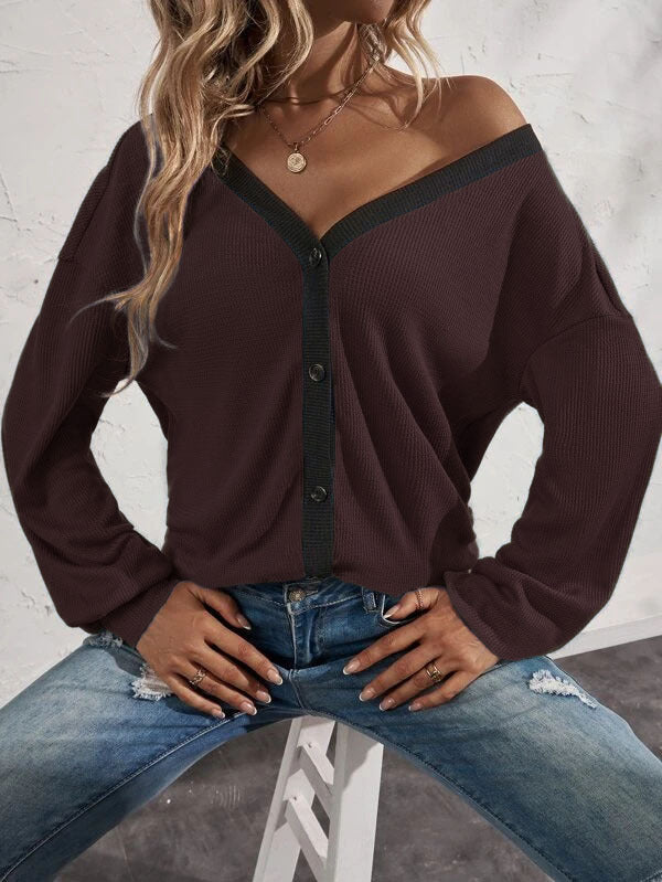 New Women's Top Waffle Long Sleeve Cardigan T-shirt