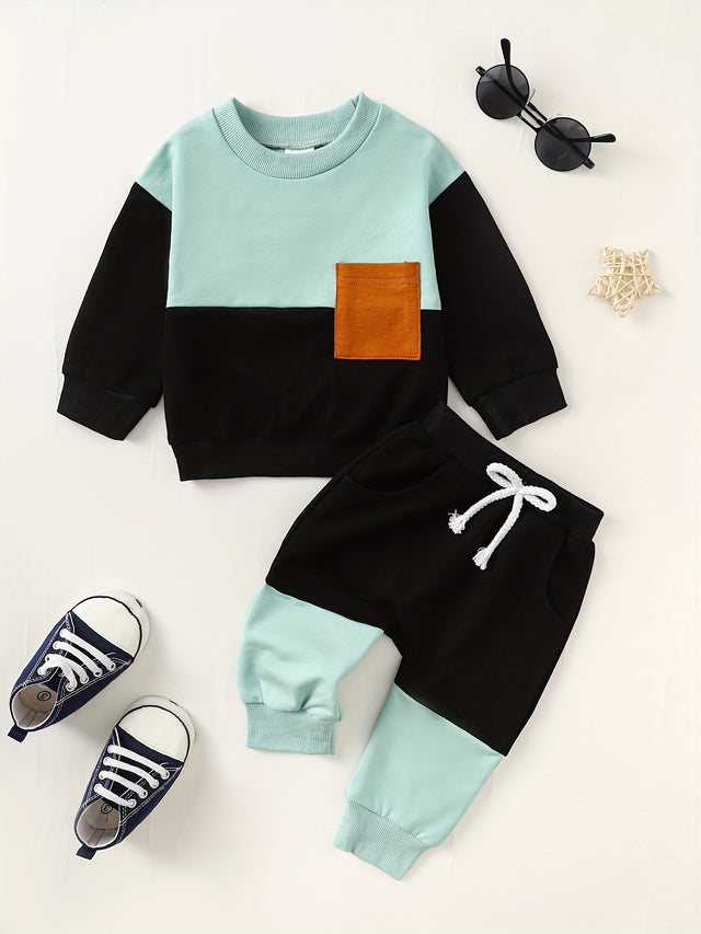 2pcs Stylish Baby Boys Color Contrast Patchwork Sweatshirt and Trousers Set