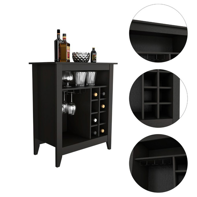 Bar Cabinet Castle, One Open Shelf, Six Wine Cubbies, Black Wengue Finish