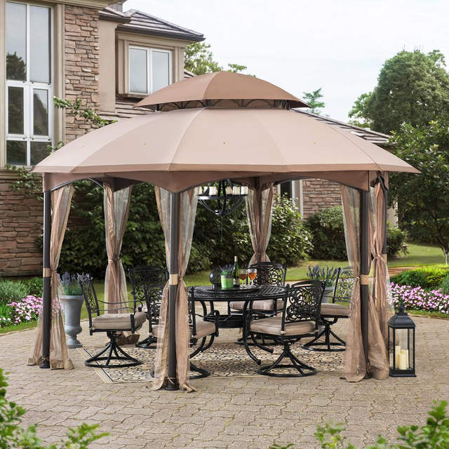 Best Sunjoy 13.5 ft. x 13.5 ft. Brown Steel Gazebo with 2-tier Tan and Brown Dome Canopy