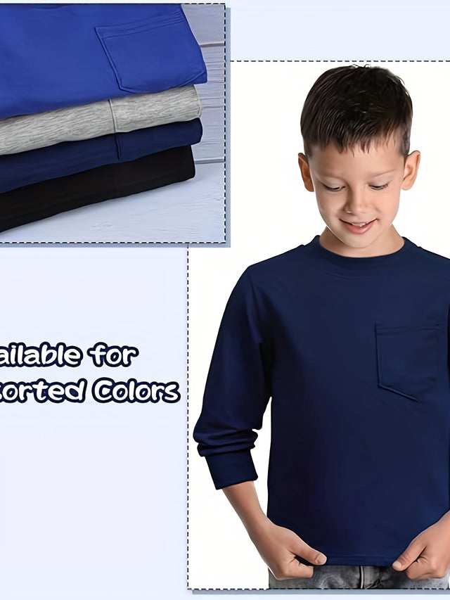 4 Pack Boy's Long Sleeve Cotton Pocket Shirt