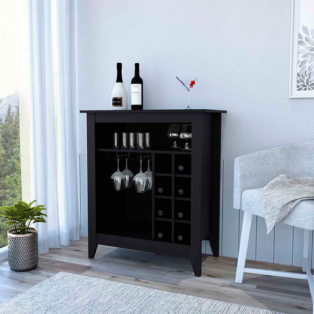 Bar Cabinet Castle, One Open Shelf, Six Wine Cubbies, Black Wengue Finish