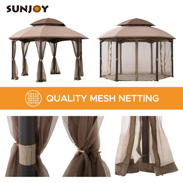 Best Sunjoy 13.5 ft. x 13.5 ft. Brown Steel Gazebo with 2-tier Tan and Brown Dome Canopy