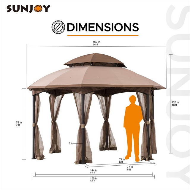 Best Sunjoy 13.5 ft. x 13.5 ft. Brown Steel Gazebo with 2-tier Tan and Brown Dome Canopy