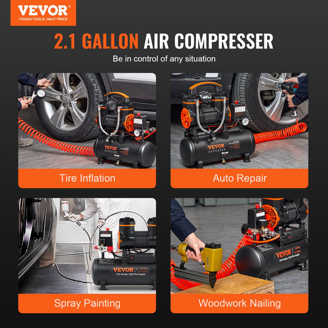 Best VEVOR Air Compressor 2.1 Gallon 900W 2.2 CFM@ 90PSI 70 dB Ultra Quiet Oil Free