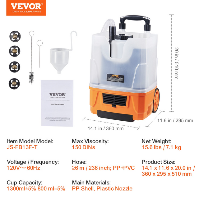 Best VEVOR Paint Sprayer, 1300W Electric Spray Paint Gun with Air Hose, 1300ml and 800 ml Containers, 5 Copper Nozzles, 150 Din HVLP Spray Gun for House Painting Home Interior and Exterior Walls, Fence