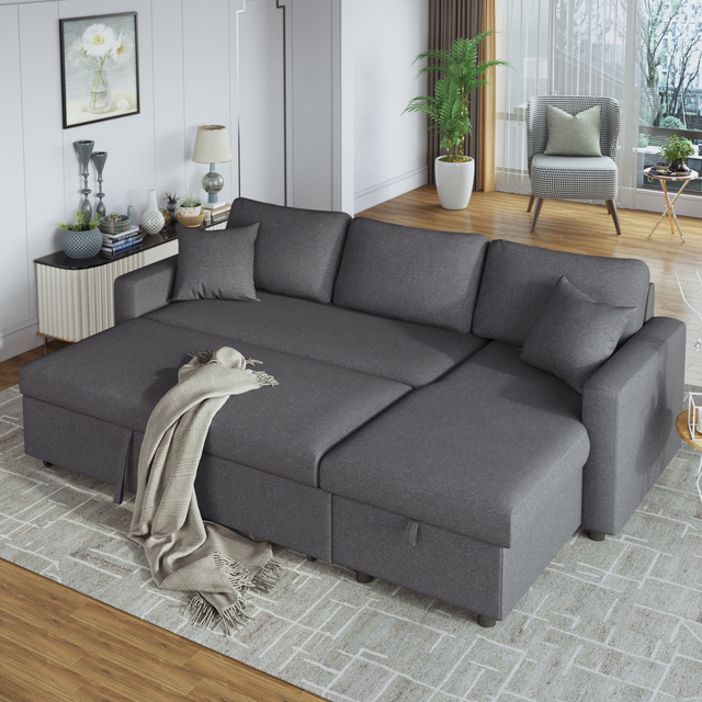 Sleeper Sectional Sofa in Grey with Storage Space, 2 Tossing Cushions