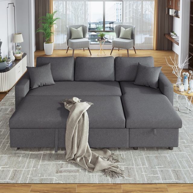 Sleeper Sectional Sofa in Grey with Storage Space, 2 Tossing Cushions