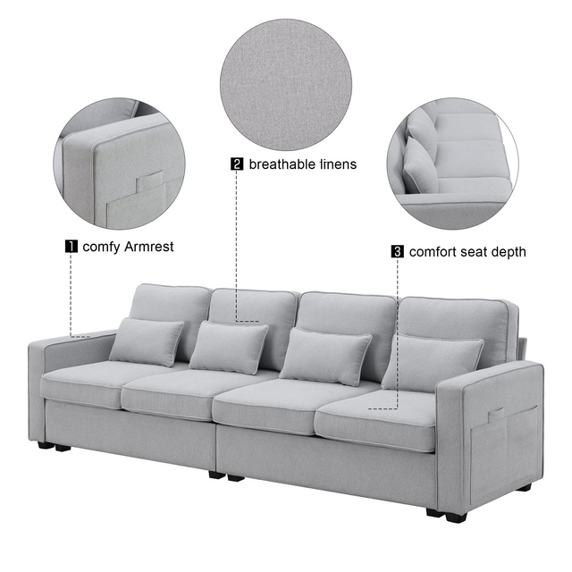 4-Seater Cutting edge Cloth Texture Couch with Armrest Pockets and 4 Pillows