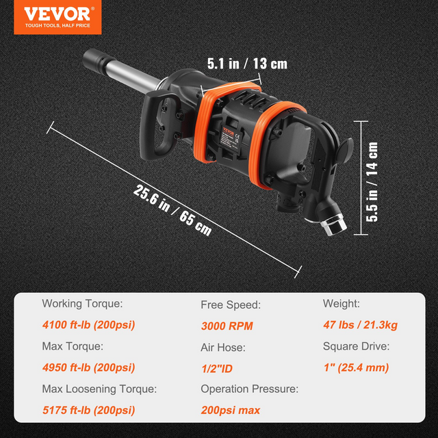 Best VEVOR 1 Inch Air Impact Wrench, Up to 5175 ft-lbs Beast Reverse Torque Output Pneumatic Impact Gun w/ 8 Inch Extended Anvil for Repairs and Maintenance of Heavy Duty Machinery / Semi-Truck / Bus