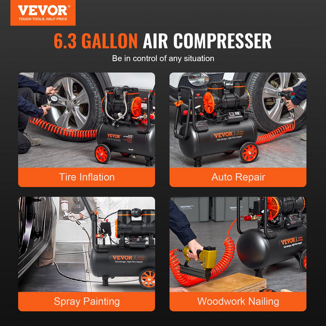 Best VEVOR Air Compressor 6.3 Gallon 1450W 3.35 CFM@ 90PSI 70 dB Ultra Quiet Oil Free