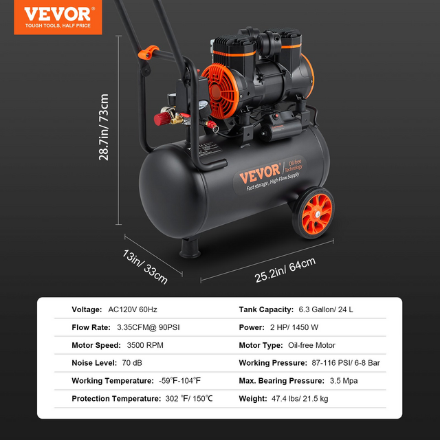 Best VEVOR Air Compressor 6.3 Gallon 1450W 3.35 CFM@ 90PSI 70 dB Ultra Quiet Oil Free