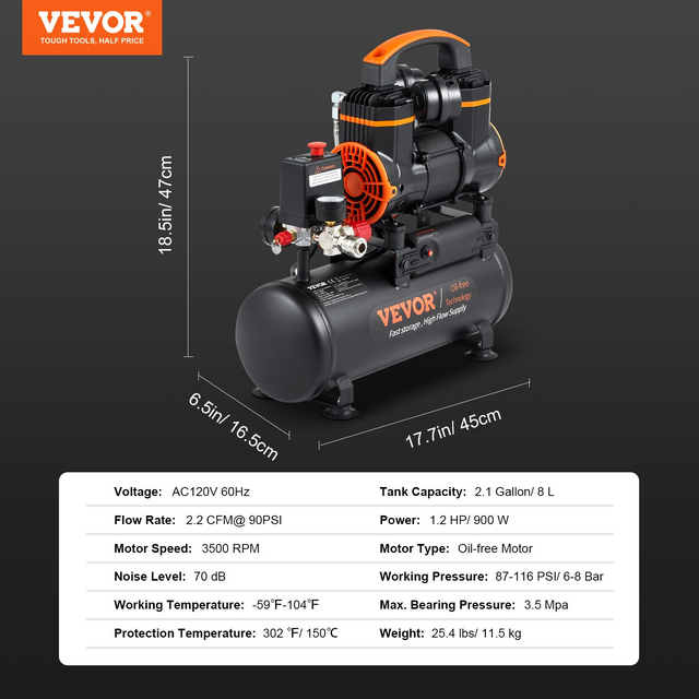 Best VEVOR Air Compressor 2.1 Gallon 900W 2.2 CFM@ 90PSI 70 dB Ultra Quiet Oil Free