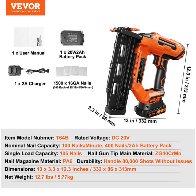 Best VEVOR 20V Cordless Finish Nailer, Cordless Brad Nailer Kit with 16Ga Nails, Battery and Charger, Tool-free Jam Release Battery Powered Framing Nail Gun, Nail Gun for Upholstery and Home Improvement