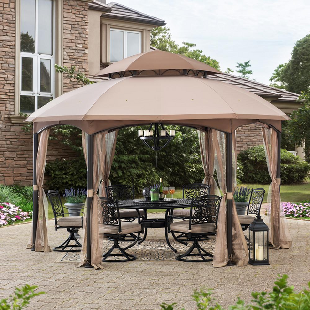 Best Sunjoy 13.5 ft. x 13.5 ft. Brown Steel Gazebo with 2-tier Tan and Brown Dome Canopy