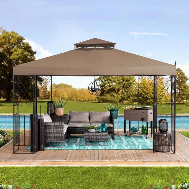 Best Sunjoy 10 ft. x 12 ft. Steel Gazebo with 2-tier Khaki Canopy