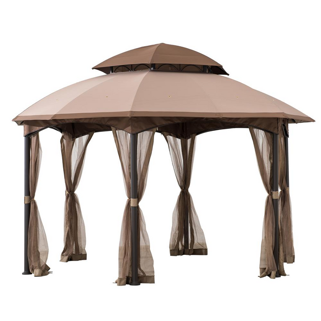 Best Sunjoy 13.5 ft. x 13.5 ft. Brown Steel Gazebo with 2-tier Tan and Brown Dome Canopy