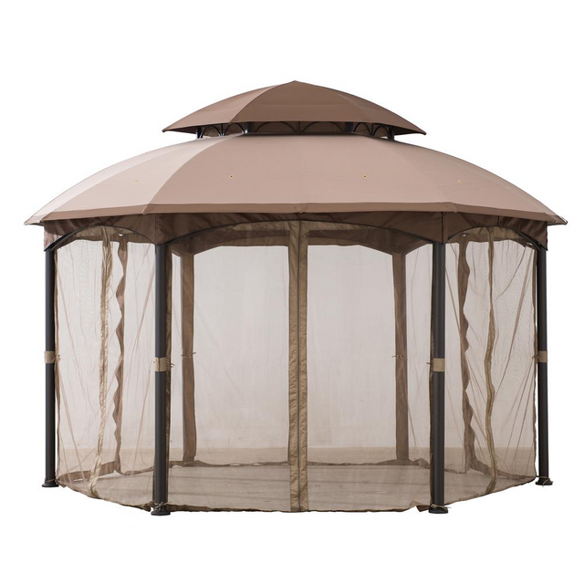 Best Sunjoy 13.5 ft. x 13.5 ft. Brown Steel Gazebo with 2-tier Tan and Brown Dome Canopy