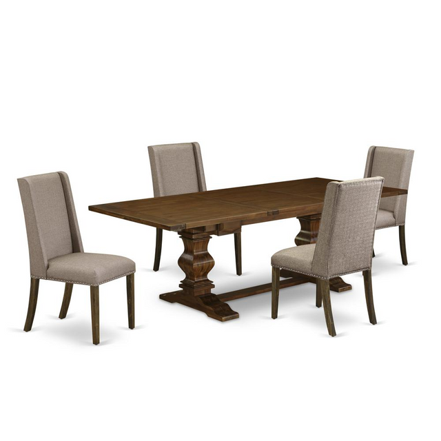 Best 5-pc wood dining table set with Chair’s Legs and Dark Khaki Linen Fabric