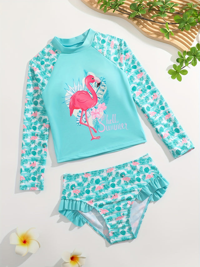 2pcs Cute Flamingo Girl's Long Sleeve Swimsuit Set