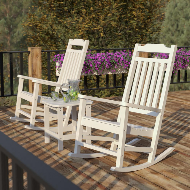 Best Set of 2 All-Weather Poly Resin Rocking Chairs with Accent Side Table in White