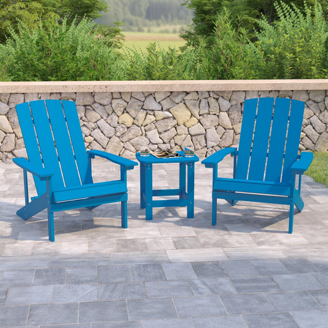 Best 2 Pack All-Weather Poly Resin Wood Adirondack Chairs with Side Table in Blue