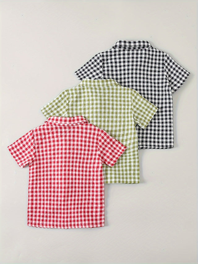 3pcs Comfy Classic Plaid Shirt for Boys - Short Sleeve Button Down Summer Top with Casual Style