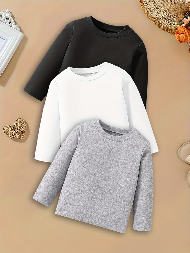 3pcs Boys Casual Plain Color Long Sleeve T-shirts - Comfortable & Stylish Tops