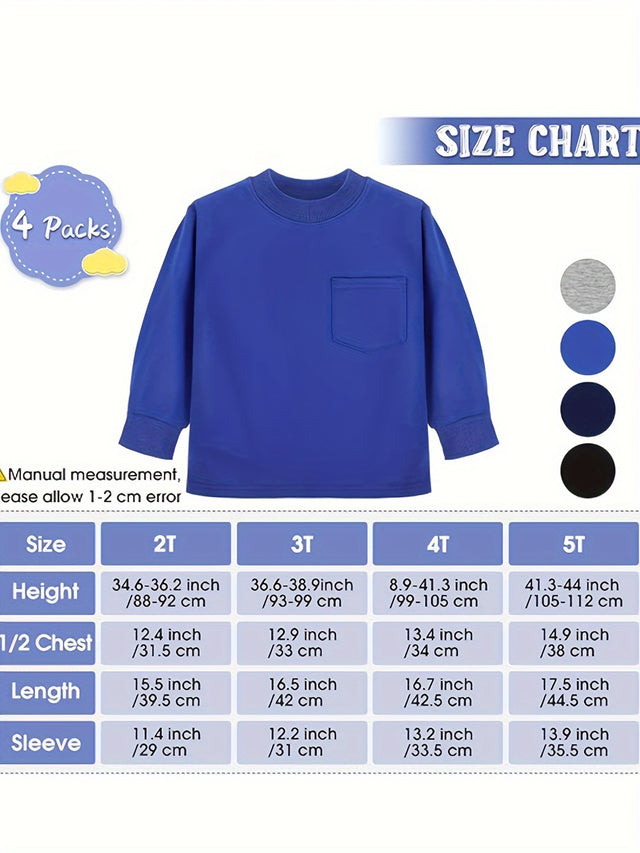 4 Pack Boy's Long Sleeve Cotton Pocket Shirt