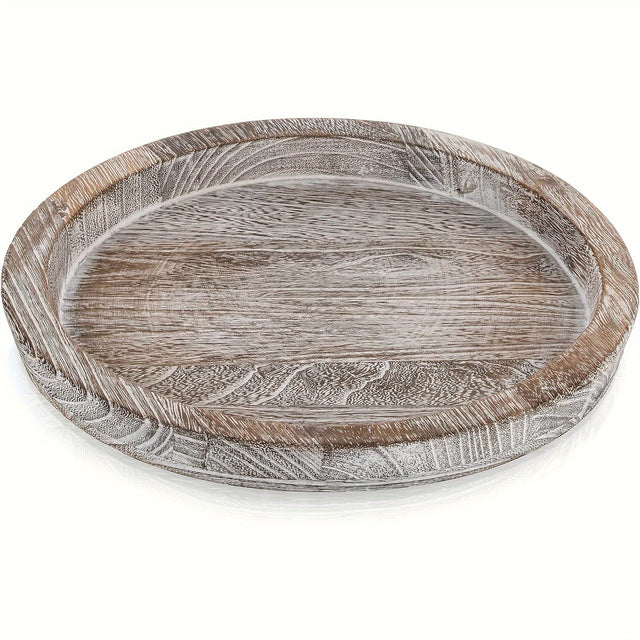 1pc 11" Round Wooden Decorative Tray, Small Farmhouse Table Centerpiece Rustic Whitewash Wood Plate