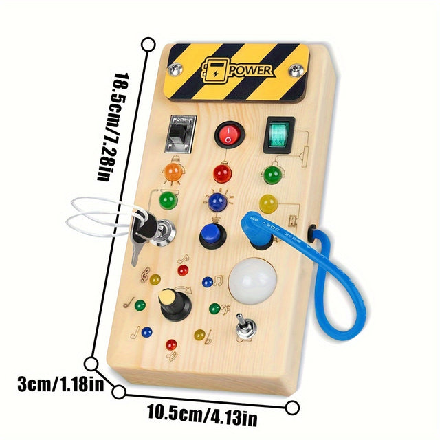 Montessori Wooden Busy Board with 8 LED Light Switches, Sensory Toy