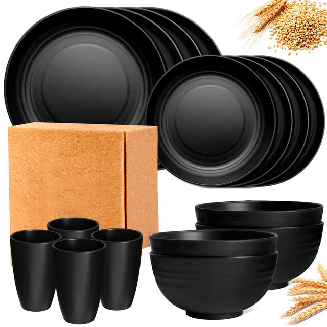 Best 16 Piece Unbreakable Wheat Straw Dinnerware Set - Service for 4 - Black - Ideal for Camping and Outdoor Activities