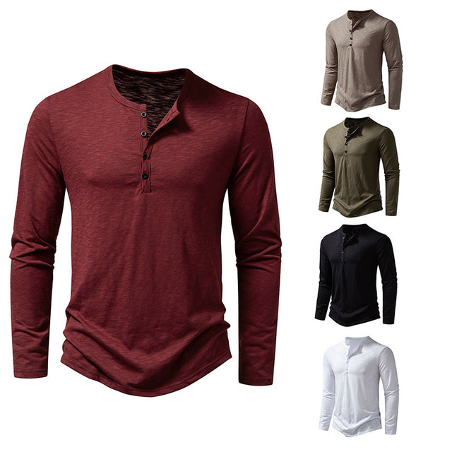 Men's Long Sleeve T-shirt with Button Henry Collar