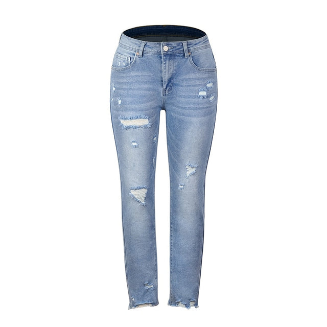 Blue High Waist Ripped Casual Denim Pencil Pants