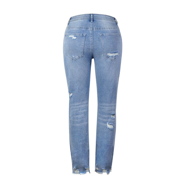 Blue High Waist Ripped Casual Denim Pencil Pants