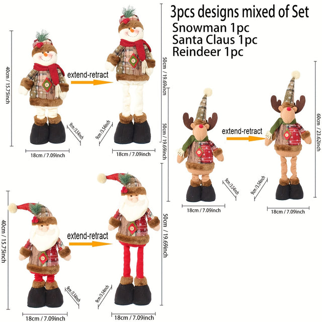 3-Piece Set Of Large Retractable Christmas Figures - Santa, Snowman & Reindeer