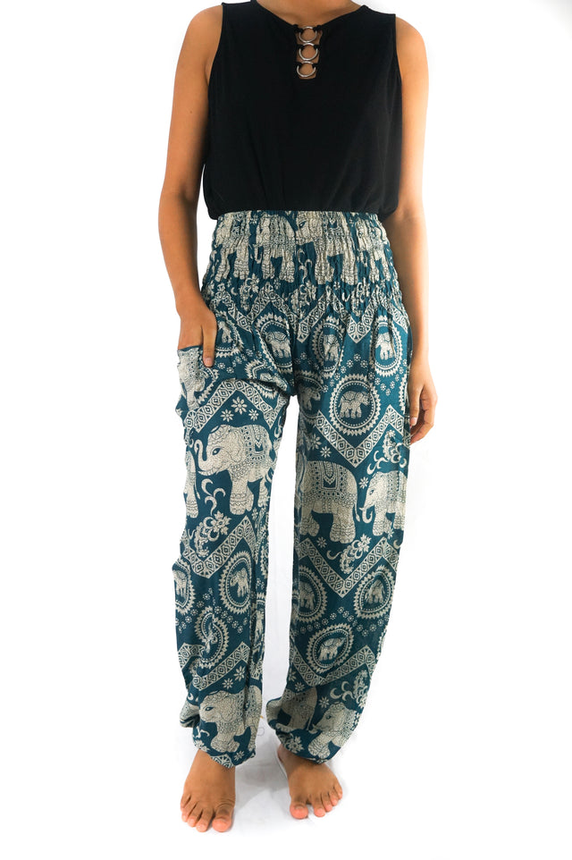 Teal Elephant Boho Pants