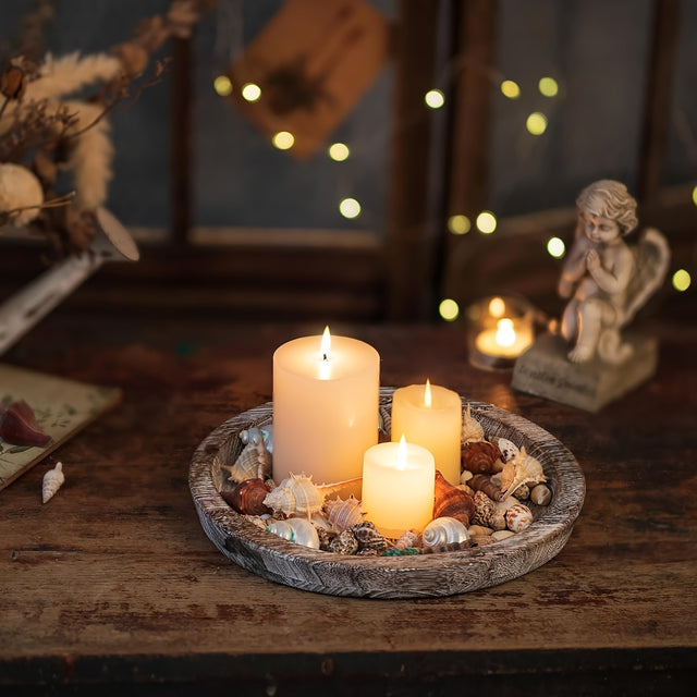 1pc 11" Round Wooden Decorative Tray, Small Farmhouse Table Centerpiece Rustic Whitewash Wood Plate