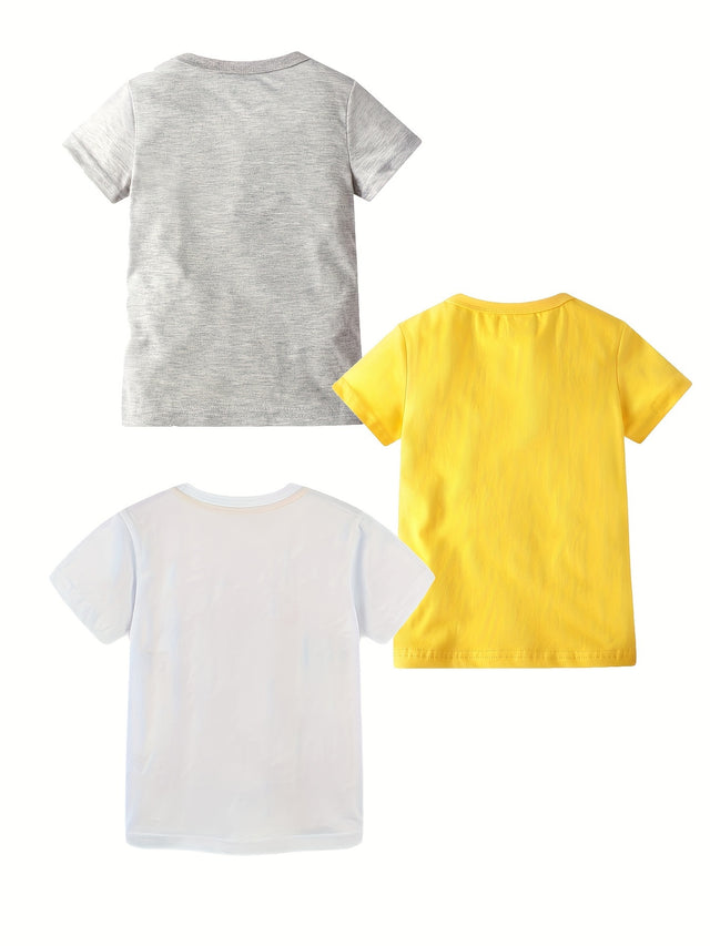 Set of 3 Boys Short Sleeved Cotton Round Neck Construction Pattern T-Shirt