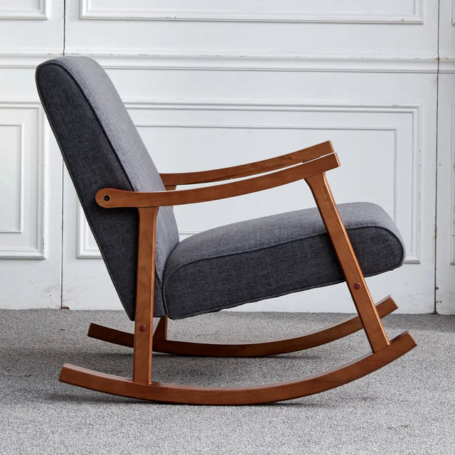 Wood Rocking Chair with Gray Fabric Cushions