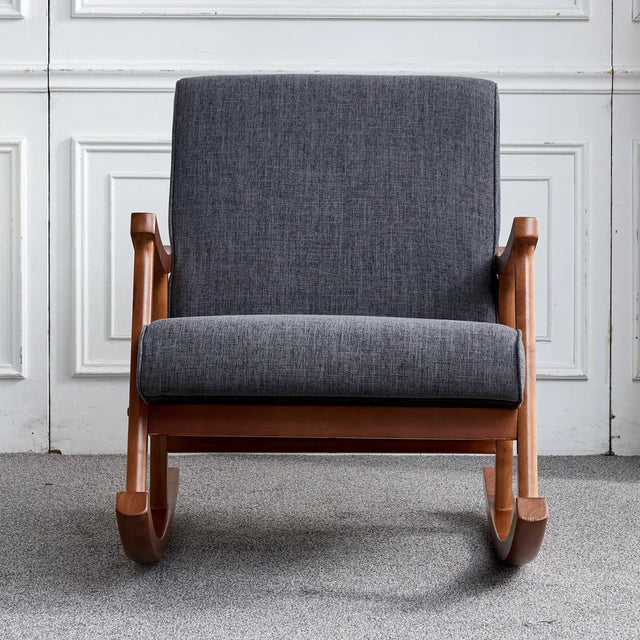 Wood Rocking Chair with Gray Fabric Cushions