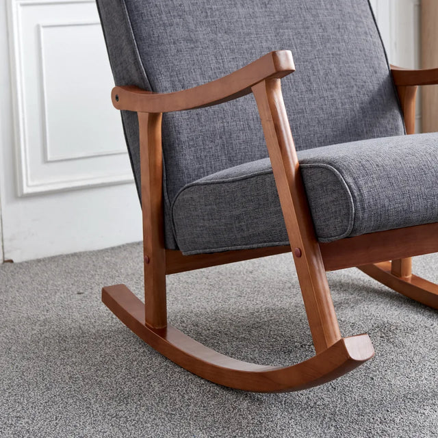 Wood Rocking Chair with Gray Fabric Cushions