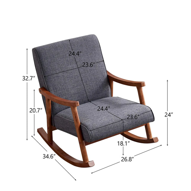 Wood Rocking Chair with Gray Fabric Cushions